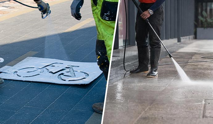 Collage of commercial stenciling and power washing
