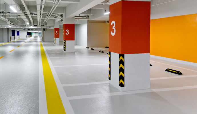 a freshly painted parking garage