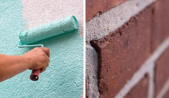 Collage of stucco painting and brick mortar waterproofing